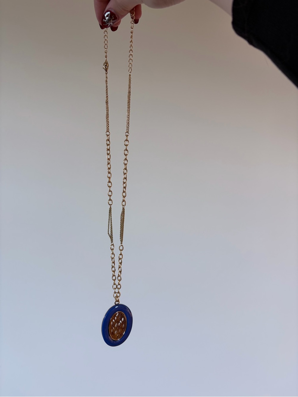 Gold Chain Necklace with Blue and Brown Pendant - Women's Jewelry